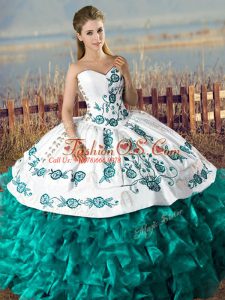 Turquoise Sleeveless Floor Length Embroidery and Ruffles Lace Up Sweet 16 Dresses