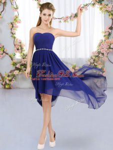 Custom Fit Sleeveless High Low Beading Lace Up Bridesmaid Gown with Royal Blue