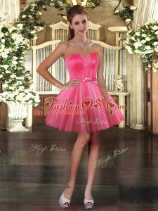 Noble Coral Red Homecoming Dresses Prom and Party with Belt Sweetheart Sleeveless Lace Up