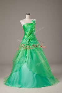 Suitable Organza One Shoulder Sleeveless Lace Up Hand Made Flower Sweet 16 Dress in Green