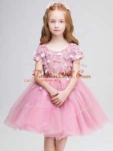 Scoop Short Sleeves Flower Girl Dresses for Less Mini Length Lace and Belt Pink Tulle