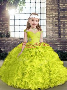 Modern Yellow Green Ball Gowns Straps Sleeveless Organza and Fabric With Rolling Flowers Floor Length Lace Up Beading Custom Made Pageant Dress