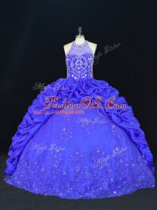 Royal Blue Taffeta Lace Up Halter Top Sleeveless Floor Length Sweet 16 Quinceanera Dress Beading and Appliques and Embroidery and Pick Ups