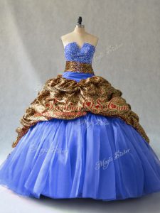 Sumptuous Blue Lace Up Sweet 16 Dresses Beading and Pick Ups Sleeveless Brush Train