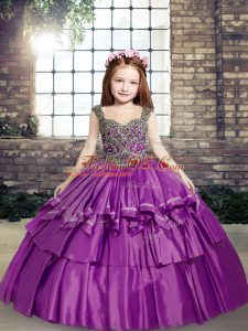 Purple Taffeta Lace Up Straps Sleeveless Floor Length Little Girl Pageant Dress Beading