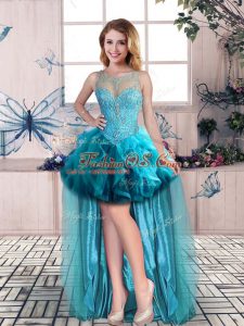 Admirable Scoop Sleeveless Womens Party Dresses High Low Beading and Ruffles Blue Tulle
