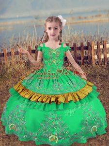 Glorious Turquoise Off The Shoulder Neckline Beading and Embroidery Little Girls Pageant Gowns Sleeveless Lace Up