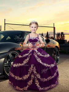 Adorable Floor Length Purple Child Pageant Dress Satin Sleeveless Embroidery