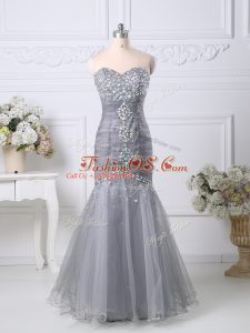 Modest Grey Sleeveless Floor Length Beading and Ruching Zipper Dress for Prom
