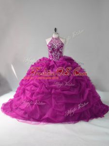 Sleeveless Organza Lace Up Sweet 16 Quinceanera Dress in Fuchsia with Beading and Pick Ups