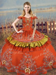 High Class Off The Shoulder Sleeveless Lace Up 15 Quinceanera Dress Rust Red Satin and Organza
