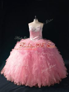 Smart Pink Sleeveless Beading and Ruffles Floor Length Sweet 16 Dresses