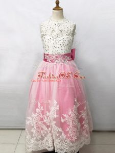 Chic Pink And White Sleeveless Floor Length Beading and Lace and Bowknot Lace Up Flower Girl Dresses for Less