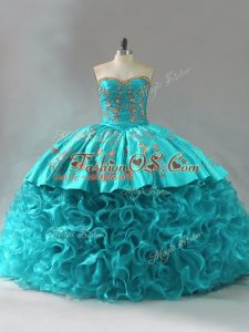 Spectacular Aqua Blue Lace Up Quinceanera Dresses Embroidery and Ruffles Sleeveless Brush Train