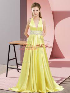 Yellow Sleeveless Elastic Woven Satin Brush Train Backless Prom Evening Gown for Prom and Party