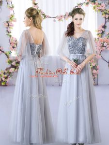 Floor Length Lace Up Bridesmaid Dresses Grey for Wedding Party with Appliques