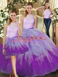 Excellent Multi-color High-neck Backless Ruffles Quinceanera Gowns Sleeveless