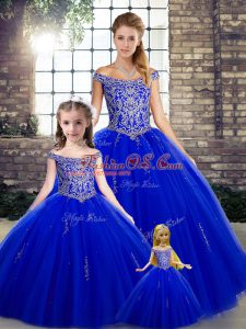 Nice Royal Blue Sleeveless Floor Length Beading Lace Up Vestidos de Quinceanera