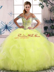 High End Off The Shoulder Sleeveless Side Zipper Quinceanera Dress Yellow Green Tulle