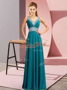 Teal Empire Chiffon V-neck Sleeveless Beading Floor Length Lace Up Homecoming Dress