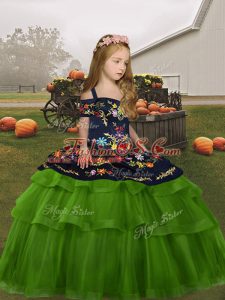 Green Pageant Gowns Party and Wedding Party with Embroidery Straps Sleeveless Lace Up