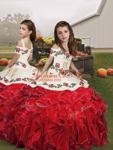 Sleeveless Floor Length Embroidery and Ruffles Lace Up Kids Formal Wear with Red