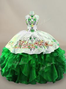 Spectacular Sleeveless Organza Floor Length Lace Up Sweet 16 Quinceanera Dress in Green with Embroidery and Ruffles