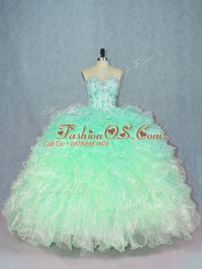 Sweet Sleeveless Organza Floor Length Lace Up Quinceanera Gowns in Green with Beading and Ruffles