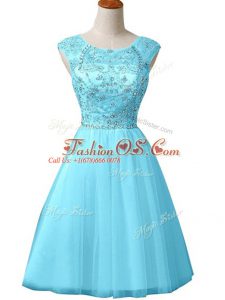 Luxurious Baby Blue A-line Tulle Scoop Sleeveless Beading Mini Length Zipper Prom Evening Gown