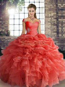 Orange Red Sweet 16 Dresses Military Ball and Sweet 16 and Quinceanera with Beading and Ruffles and Pick Ups Off The Shoulder Sleeveless Lace Up