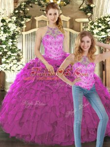Flare Floor Length Lace Up Sweet 16 Quinceanera Dress Fuchsia for Military Ball and Sweet 16 and Quinceanera with Beading and Ruffles