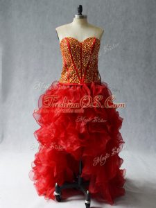 Exquisite Wine Red Sleeveless Beading and Ruffles High Low Dress for Prom