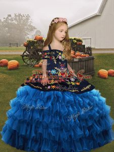 Sleeveless Organza Floor Length Lace Up Little Girls Pageant Dress Wholesale in Blue with Embroidery and Ruffled Layers