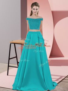 Discount Sleeveless Elastic Woven Satin Sweep Train Backless Prom Dresses in Teal with Beading