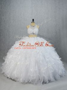 Designer White Organza Lace Up Quince Ball Gowns Sleeveless Brush Train Beading and Ruffles