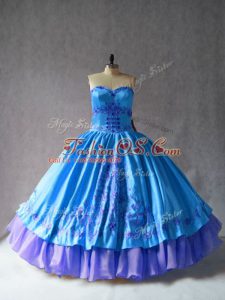 Sexy Blue Ball Gowns Embroidery Ball Gown Prom Dress Lace Up Satin and Organza Sleeveless Floor Length