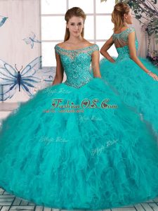 Brush Train Ball Gowns 15 Quinceanera Dress Aqua Blue Off The Shoulder Tulle Sleeveless Lace Up