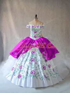 Traditional White And Purple Ball Gowns Organza Off The Shoulder Sleeveless Embroidery and Ruffles Floor Length Lace Up Sweet 16 Quinceanera Dress