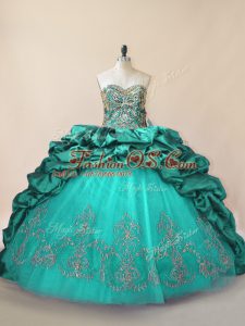 Vintage Taffeta Sweetheart Sleeveless Brush Train Lace Up Beading and Pick Ups Ball Gown Prom Dress in Turquoise