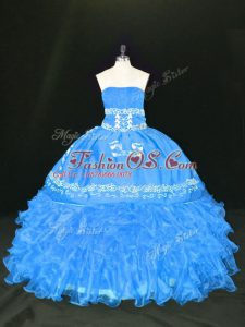 Organza Strapless Sleeveless Lace Up Embroidery and Ruffles Quinceanera Gown in Blue