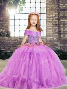 Latest Lilac Ball Gowns Tulle Straps Sleeveless Beading Floor Length Side Zipper Child Pageant Dress