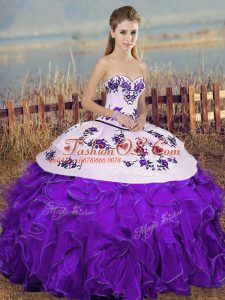 White And Purple Organza Lace Up Quinceanera Dress Sleeveless Floor Length Embroidery and Ruffles and Bowknot