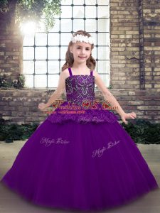Latest Purple Tulle Lace Up Kids Formal Wear Sleeveless Floor Length Beading