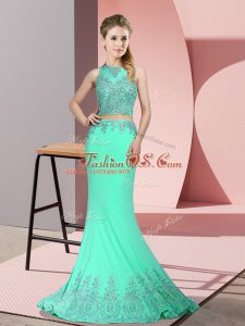 Sexy Apple Green Zipper High-neck Beading and Appliques Party Dresses Satin Sleeveless Sweep Train