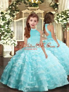 Sweet Organza Halter Top Sleeveless Backless Beading and Ruffled Layers Little Girl Pageant Gowns in Aqua Blue