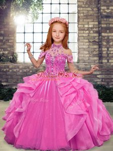 Sleeveless Floor Length Beading and Ruffles Lace Up Kids Formal Wear with Rose Pink