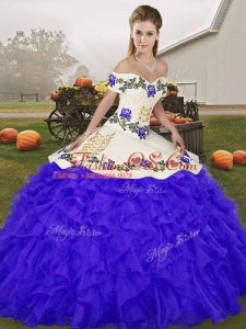Romantic Floor Length Lace Up Ball Gown Prom Dress Blue for Military Ball and Sweet 16 and Quinceanera with Embroidery and Ruffles