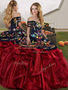 Floor Length Red And Black Sweet 16 Quinceanera Dress Organza Sleeveless Embroidery and Ruffles