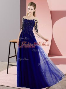 Luxurious Bateau Half Sleeves Court Dresses for Sweet 16 Floor Length Beading and Lace Blue Chiffon