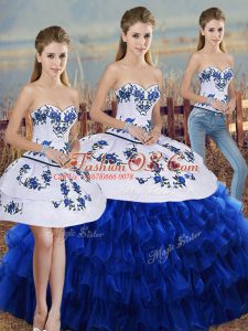 Spectacular Floor Length Lace Up Quinceanera Gowns Royal Blue for Military Ball and Sweet 16 and Quinceanera with Embroidery and Ruffled Layers and Bowknot